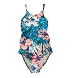 Kona Sol One Piece Swimsuit Medium Teal Tropical Floral Palm Beach Resort
